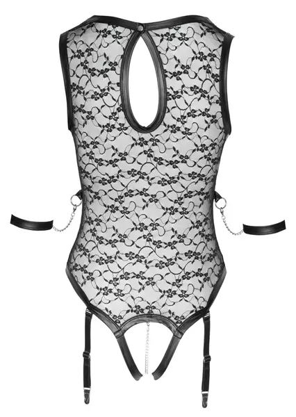 Cottelli BONDAGE Čipkasti Bodi Crni sa uklonjivim pojasom i lisicama M