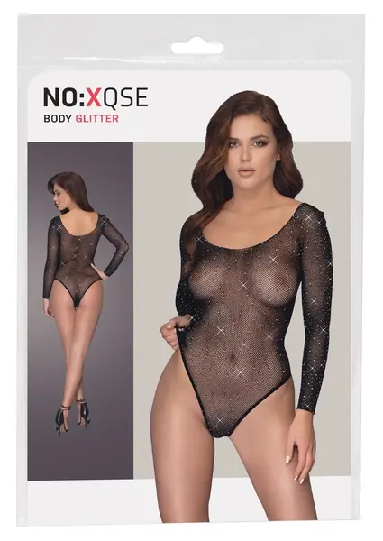 Cottelli Collection Shiny Mesh Bodysuit with Sparkling Rhinestones, Black