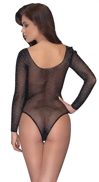 Cottelli Collection Shiny Mesh Bodysuit with Sparkling Rhinestones, Black