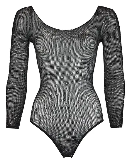 Cottelli Collection Shiny Mesh Bodysuit with Sparkling Rhinestones, Black