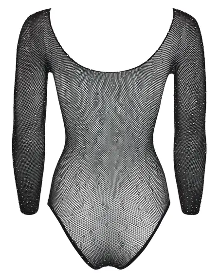 Cottelli Collection Shiny Mesh Bodysuit with Sparkling Rhinestones, Black