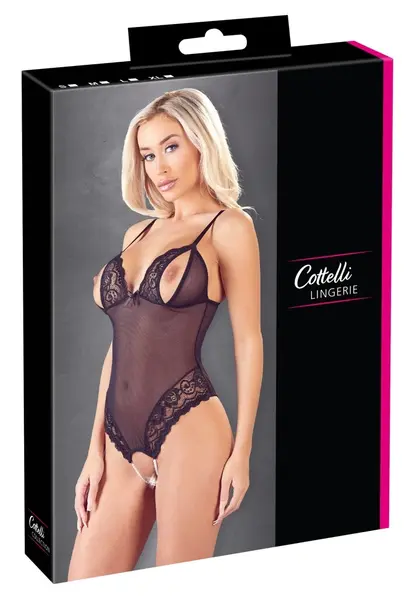Cottelli Collection Poluprovidni Čipkani Body S, Podesiv, Crni