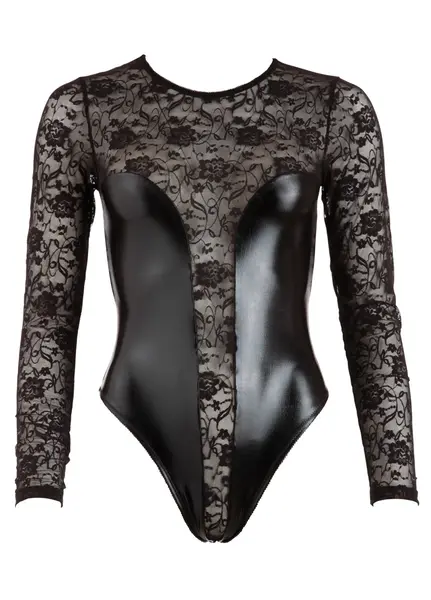 Cottelli Collection Body XL - Lace and Wet Look Long Sleeve Bodysuit