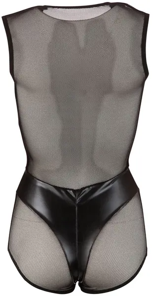 Cottelli Collection Crni Bodi Bez Rukava XL, Wet Look & Mesh, sa Patent Zatvaračem