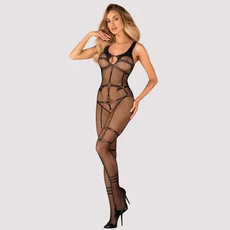 Obsessive N123 Bodystocking Black Mesh S-L, Harness-Effect Design