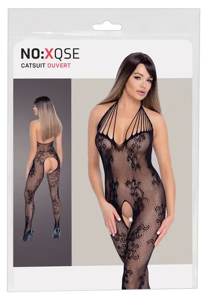 NO:XQSE Catsuit Halterneck S-L, Transparent Net, Open Design