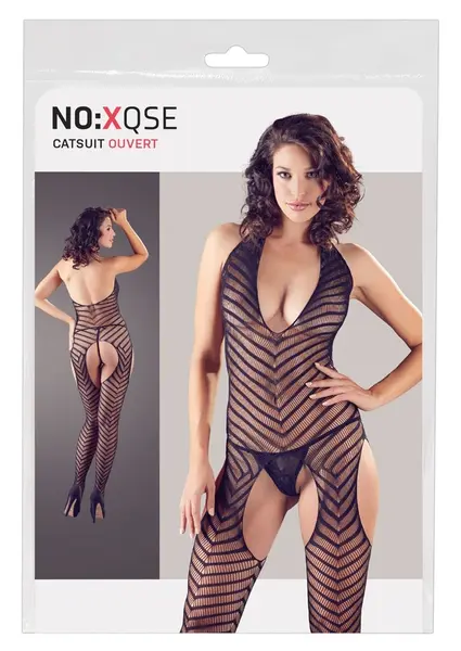 Cottelli Collection Catsuit S-L Diagonal Pattern Stretch Halterneck