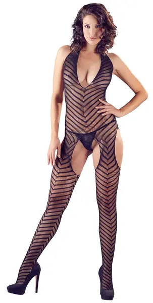 Cottelli Collection Catsuit S-L Diagonal Pattern Stretch Halterneck