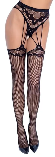 Cottelli Legwear String with Attached Stockings Lace S-L Black