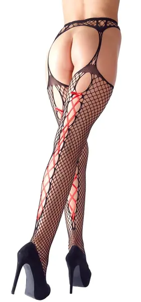 Cottelli Collection Fence Net Suspender Tights S/M with Red Lacing