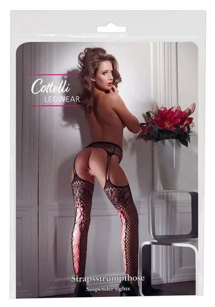 Cottelli Collection L/XL Black Fence Net Suspender-Style Tights with Pink Lacing