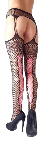 Cottelli Collection L/XL Black Fence Net Suspender-Style Tights with Pink Lacing
