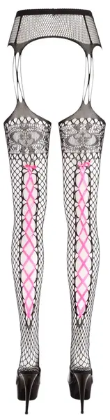 Cottelli Collection L/XL Black Fence Net Suspender-Style Tights with Pink Lacing