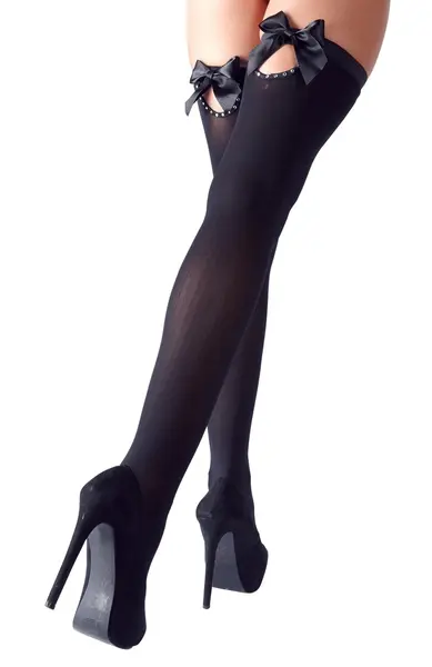Cottelli Collection Hold-Up Stockings L Black with Bow & Rhinestone