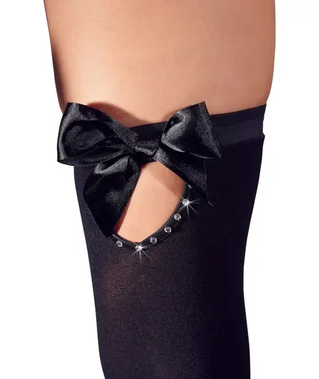 Cottelli Collection Hold-Up Stockings L Black with Bow & Rhinestone