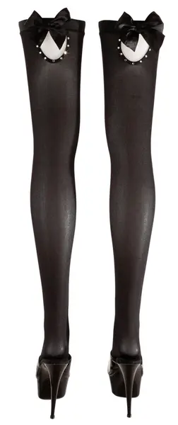Cottelli Collection Hold-Up Stockings L Black with Bow & Rhinestone