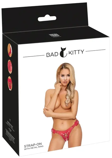 Bad Kitty podesivi crveni Strap-On pojas S-L, izgled kože, univerzalno prijanjanje