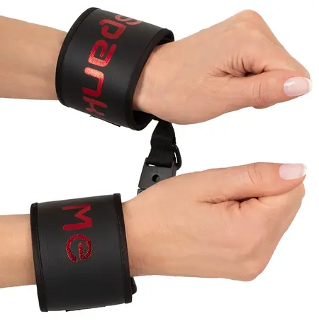 Bad Kitty Adjustable Soft Handcuffs with Strap - Black & Red Design
