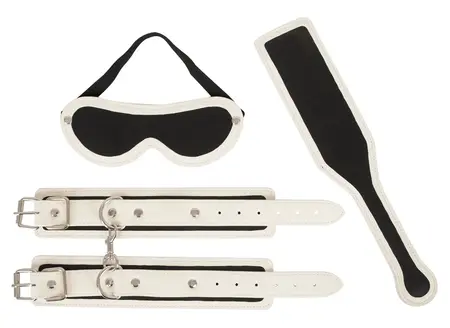 Bad Kitty Glow Fetish Set - Blindfold, Adjustable Cuffs & Paddle