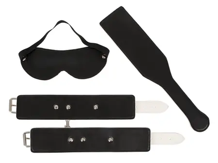 Bad Kitty Glow Fetish Set - Blindfold, Adjustable Cuffs & Paddle