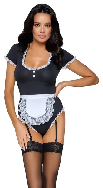 Cottelli COSTUMES Bodistički komad za konobaricu M sa čipkastim ukrasima i podesivim tregerima crno/belo