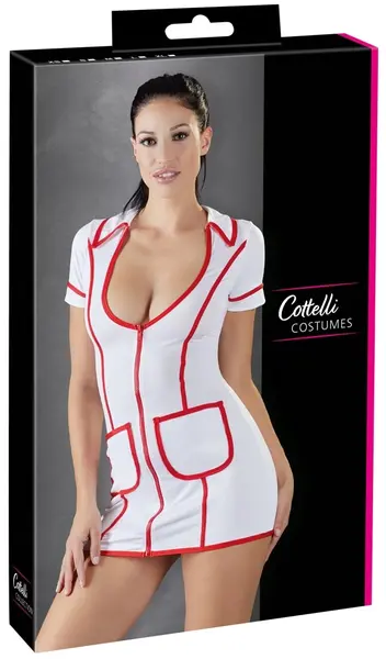 Cottelli Collection Nurse Style Dress S White/Red Stretch Zip Front