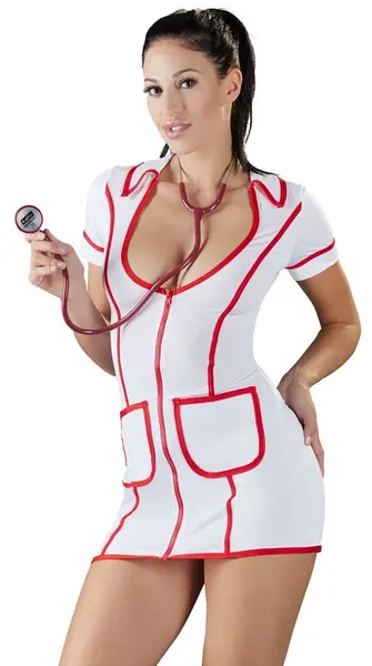 Cottelli Collection Nurse Style Dress S White/Red Stretch Zip Front