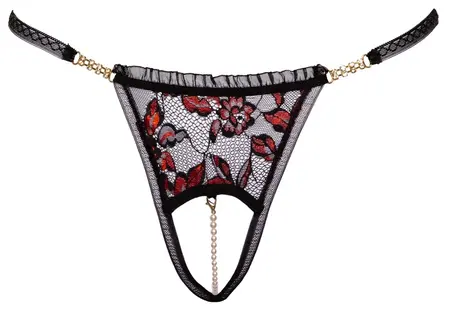 Cottelli Lingerie čipkani tanga M/L sa uklonjivim bisernim lancem, Crna/Roze