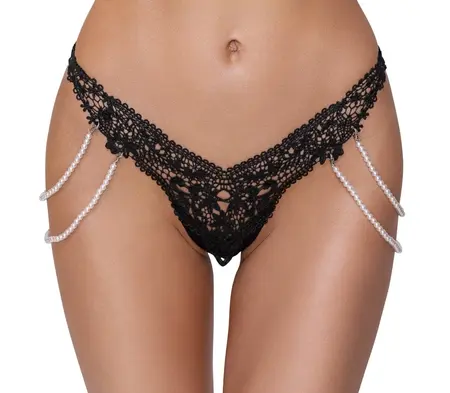 Cottelli LINGERIE tanga M/L sa uklonjivim bisernim lancima, Crna čipka