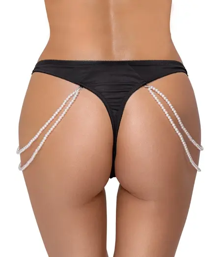 Cottelli LINGERIE tanga M/L sa uklonjivim bisernim lancima, Crna čipka
