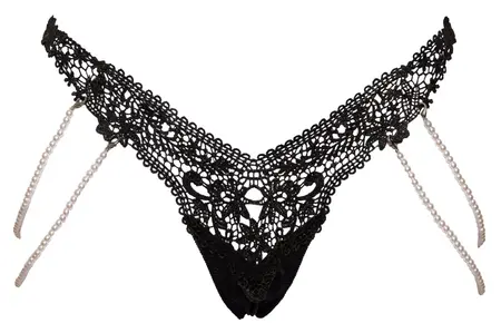 Cottelli LINGERIE tanga M/L sa uklonjivim bisernim lancima, Crna čipka