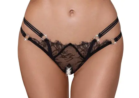 Cottelli LINGERIE Tregeri sa čipkom od umetnih trepavica i prstenjem sa kamenčićima M/L, Crna