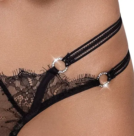Cottelli LINGERIE Tregeri sa čipkom od umetnih trepavica i prstenjem sa kamenčićima M/L, Crna