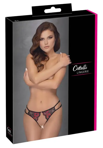 Cottelli Lingerie Lace Crotchless Briefs S-L, Adjustable Straps, Black/Red