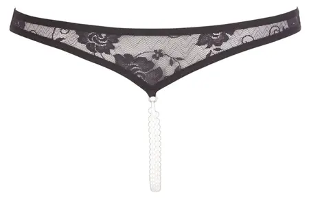Cottelli Collection Lace String Black L with Decorative Pearl Chains