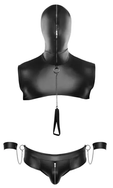 Svenjoyment Bondage Set 2XL - Mat Crni Gornji Deo sa Kapuljačom i Dodatna Oprema