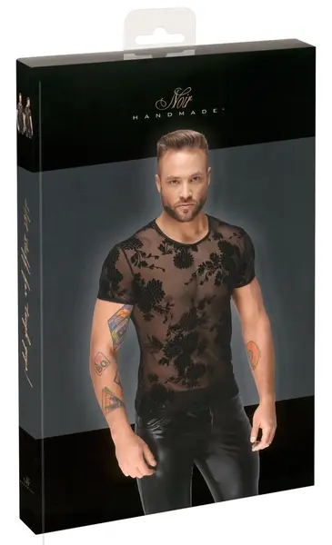 Noir Handmade Powernet Shirt XL Floral Velvet Transparent Black
