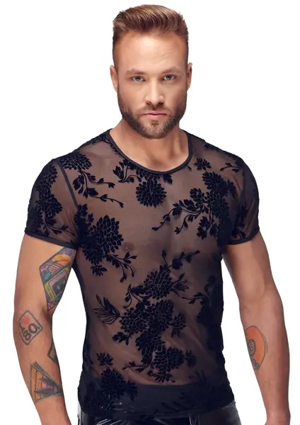 Noir Handmade Powernet Shirt XL Floral Velvet Transparent Black