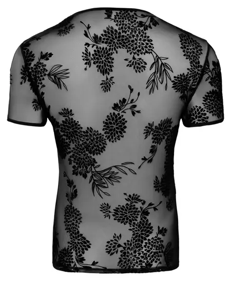 Noir Powernet Mesh Shirt L with Velvet Floral Pattern, Black