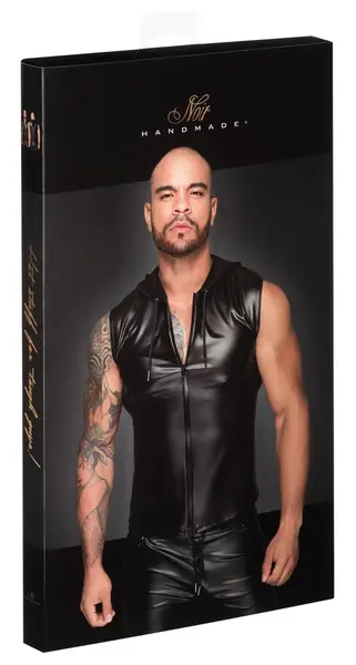 Noir Powerwetlook Sleeveless Hoodie XL Black - 2-Way Zip, Hooded Top