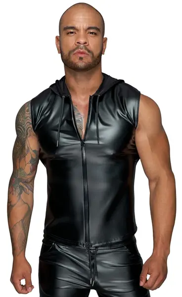 Noir Powerwetlook Sleeveless Hoodie XL Black - 2-Way Zip, Hooded Top