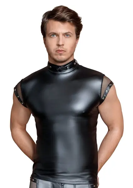 NEK Black Matte Shirt XL with Removable Studded Collar and Mesh Sleeves