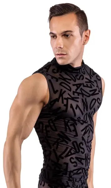 Svenjoyment Top XL Transparent Black with Letter Print and Stand-up Collar