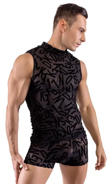 Svenjoyment Top XL Transparent Black with Letter Print and Stand-up Collar