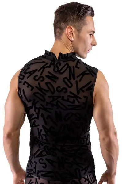 Svenjoyment Top XL Transparent Black with Letter Print and Stand-up Collar