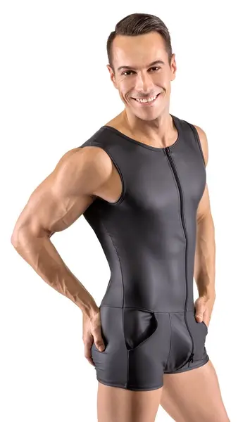 Svenjoyment Men's Matte Black Sleeveless Playsuit XL with 3-Way Zip