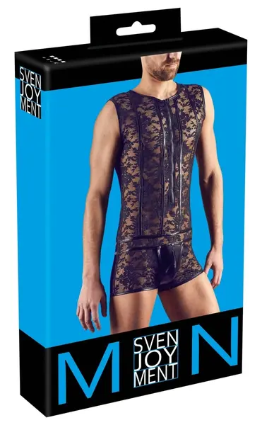 Svenjoyment Men's Lace Body XL - Wet Look & Floral Details, Front Zipper