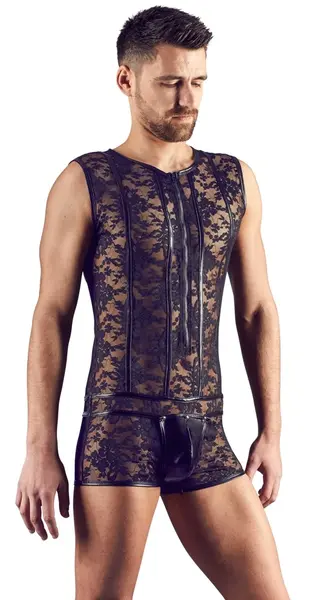 NEK Men’s Lace and Wet Look Body L Size - Stretch Mesh Zip Front