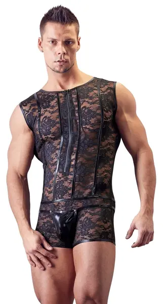 Cottelli Collection Men's Lace & Wet Look Body M, Front Zipper, Black