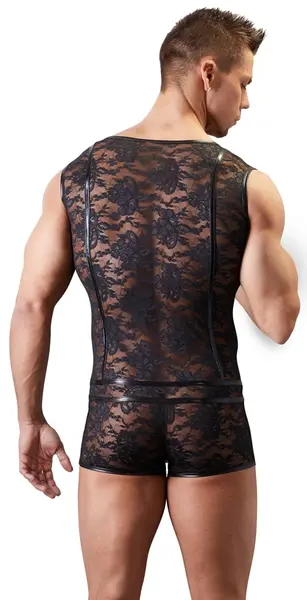 Cottelli Collection Men's Lace & Wet Look Body M, Front Zipper, Black